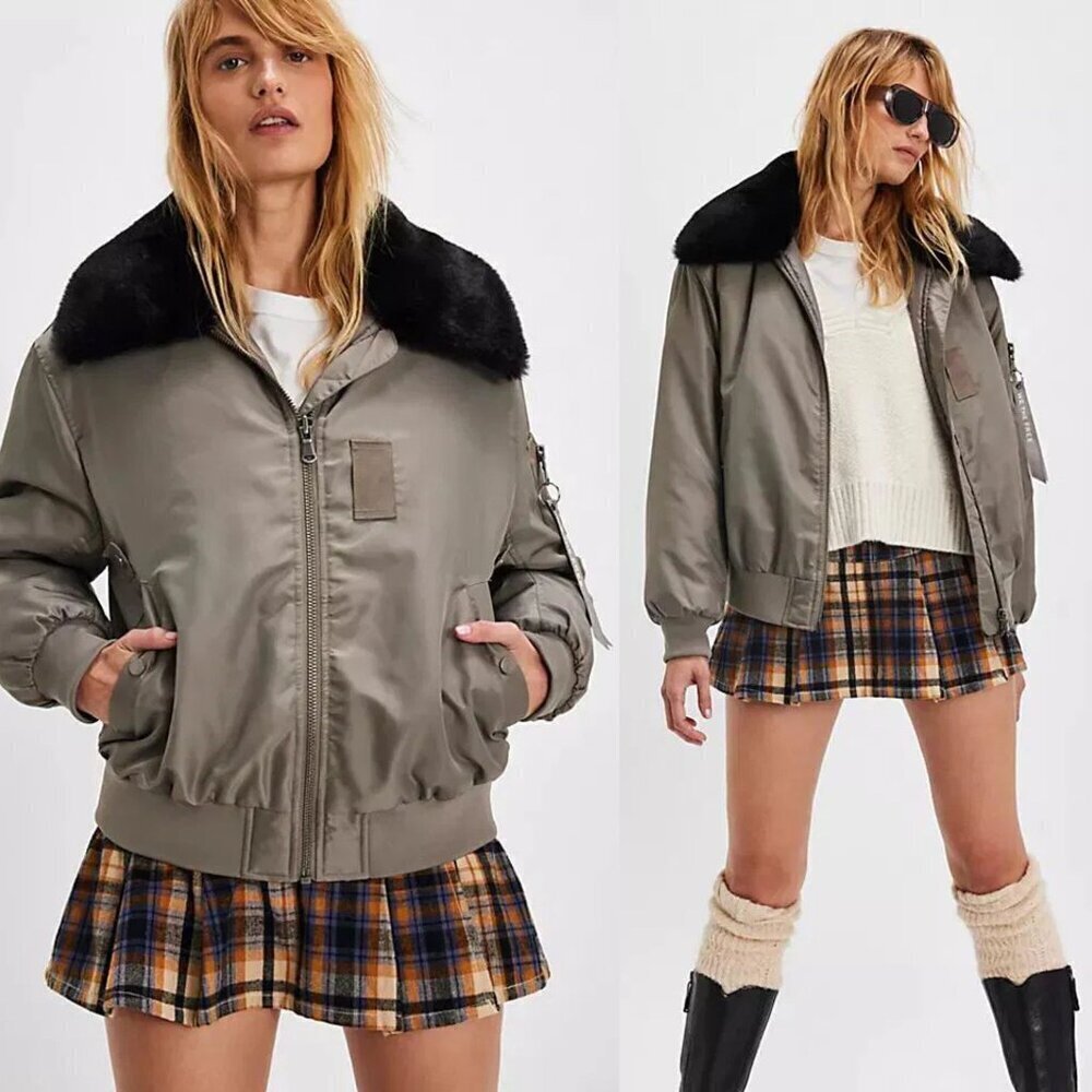 New! Free People We The Free Fallen Rock Aviator Bomber Jacket Size L nbnn